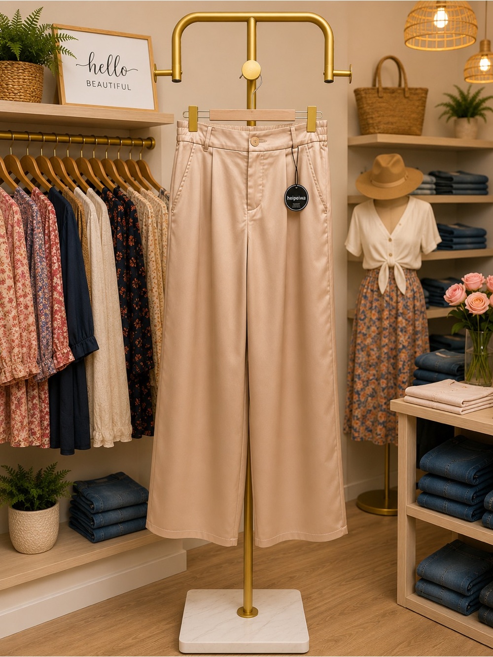 Beige Wide-Leg Women's Trousers — Classic High-Rise Style